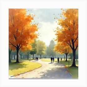 Watercolor View Of An English Park’S Autumn Foliage With People Walking 1 Canvas Print