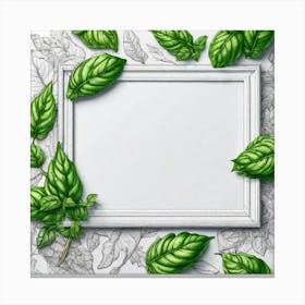 White Frame With Green Leaves Canvas Print