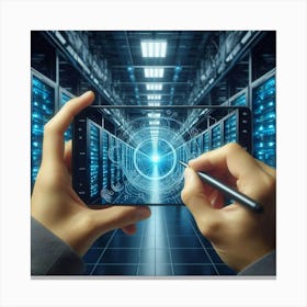 Hand Holding Smartphone In Data Center Canvas Print