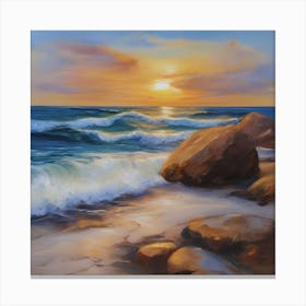 The sea. Beach waves. Beach sand and rocks. Sunset over the sea. Oil on canvas artwork.4 Canvas Print
