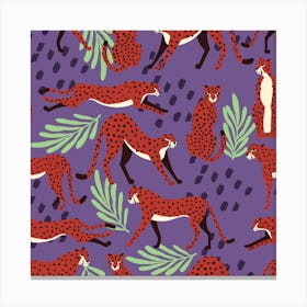 Tropical Cheetah Pattern On Purple With Florals And Decoration Square Canvas Print
