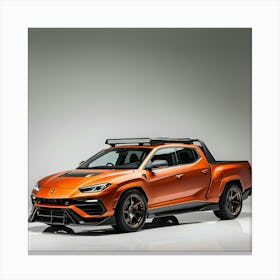 A Sleek, Vibrant Orange Lamborghini Urus, Extensively Modified With A Full Body Kit, Transformed Into A Rugged Pickup Truck With A Sturdy Rear Bed, Aggressive Wheel Wells, And A Distinctive Bumper, Featuring Sharp, Angular Lines Canvas Print