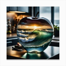 Double Exposure Rendering Of Ocean Sunrise Within A Glas Apple On A Kitchen Table Canvas Print