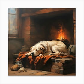 Dog Sleeping In Front Of Fireplace Canvas Print