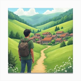 Keanu Reeves In A Tranquil Watercolor Village Surrounded By Green Hills Canvas Print