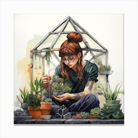 Red Head Girl In A Greenhouse Tending To Plants Watercolour Canvas Print