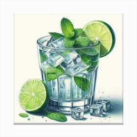 Cocktail Art: A Contemporary and Impressionistic Painting of a Cocktail Glass with Ice Cubes, Mint Leaves, and a Slice of Lime Canvas Print
