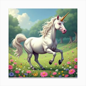 A Majestic Unicorn Galloping Through A Meadow Of Enchanted Flowers 1 Canvas Print