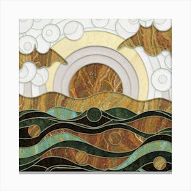 Straight and broken flowing lines and tree shapes, gold, sage, in the form of a tropical ocean. 5 Canvas Print