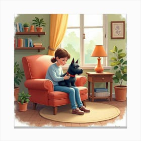 Affectionate Scottish Terrier With A Person In A Cozy Living Room, Watercolor 1 Canvas Print