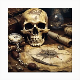A Pirate Skull Watch On A Table Next To A Treasure Canvas Print