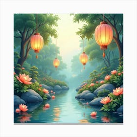 Dreamlike Watercolor Garden With Floating Lanterns 1 Canvas Print