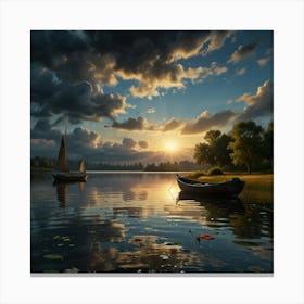 Photo Of Ultra Realistic Art On A Cracked Paper, Mosaic, Double Exposure, Boat Gently Bobbing On Calm Water Marks The End Of Summer 2 Canvas Print