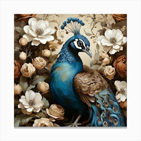 Floral Blue Brown Peacock Art Print 2 Canvas Print