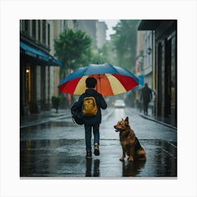 Leonardo Kino Xl A Kid Walking His Dog In The Rainy Day Holdin 2 Canvas Print