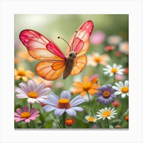 A Whimsical Butterfly With Petals For Wings, Fluttering Through A Magical Meadow Of Oversized Flowers 1 Canvas Print