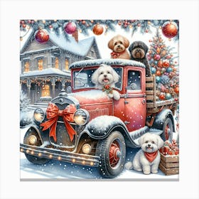 Farmtruck And Dog Pets Snowy Christmas Canvas Print