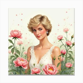 Princess Diana In A Dreamy Watercolor Scene Of Blooming Peonies 1 Canvas Print