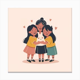 Three Girls Hugging A Cat Canvas Print