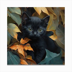 Black Kitten In Autumn Leaves 5 Canvas Print