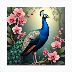 Peacock With Blooming Orchids 1 Canvas Print