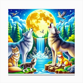 Howling Wolves with Wolf Cubs Canvas Print