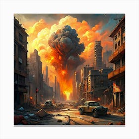 Post Apocalyptic Cityscape With Smoke And Fire Canvas Print