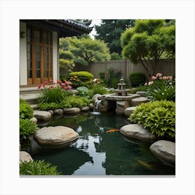 A Tranquil Garden With A Koi Pond, Blooming Flowers, And A Stone Lantern Canvas Print