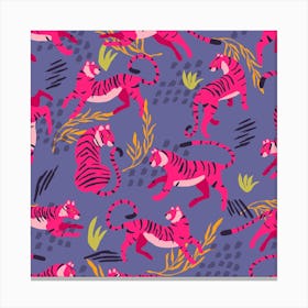 Vibrant Pink Tiger Pattern On Purple With Colorful Florals Square Canvas Print