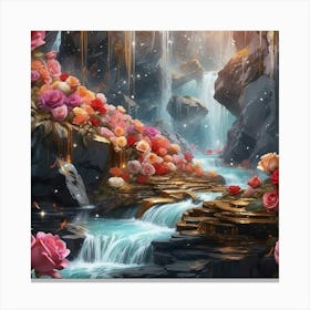 Waterfall With Roses 2 Canvas Print