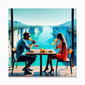 Couple Sitting At Table Drinking Wine Canvas Print
