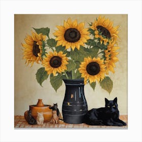 Sunflowers And Cat Canvas Print