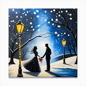 Snowy Evening Romance Wall Decor Couples Silhouette Art Print Canvas Print