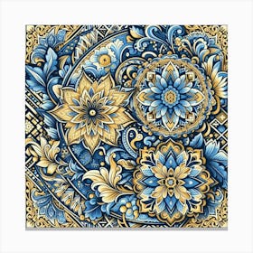 Batik, Blue And Gold Floral Pattern 1 Canvas Print