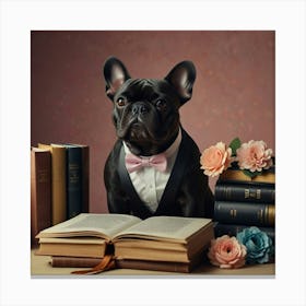 French Bulldog With Book And Flowers Canvas Print