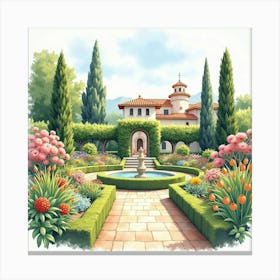 Watercolor Depiction Of A Serene Spanish Garden With Blooming Flowers Canvas Print