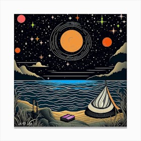 A Tent Place At A Lake By Night -Colorful Illustration Canvas Print