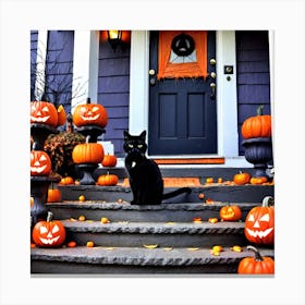 Halloween Cat On Steps 1 Canvas Print