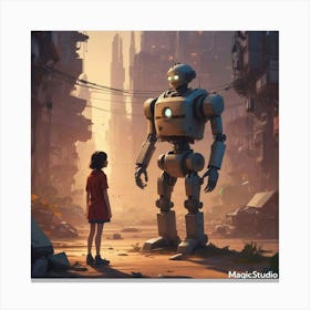 Lonely Girl And Her Robot In A World Where No One Else Is Alive Canvas Print