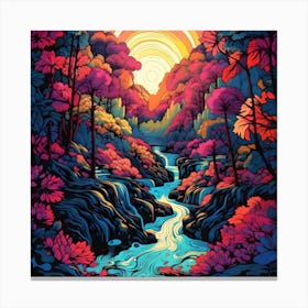 Fantasy River Forest Groovy Colorful Nature Sunset Trees Stream Landscape Canvas Print