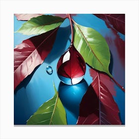 Red And Green Leaves On A Blue Surface With A Large Water Drop Reflecting A Red Leaf, Creating An Abstract And Artistic Composition Canvas Print