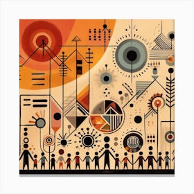 A Contemporary Representation Of Warli Art With Stick Figures And Geometric Shapes Canvas Print