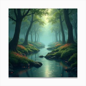 Elven Forest With Crystal Clear Streams And Delicate, Floating, Magical Lights 1 Canvas Print