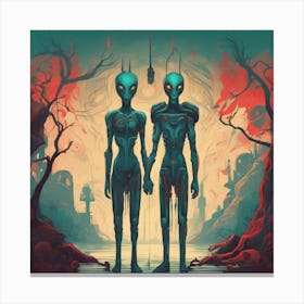 Alien Couple Painted To Mimic Humans, In The Style Of Art Elements, Folk Art Inspired Illustrations Canvas Print