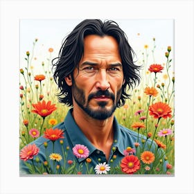 Watercolor Of Keanu Reeves Against A Vibrant Field Of Blooming Wildflowers 1 Canvas Print