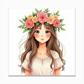 Spanish Girl With A Flower Crown, Watercolor With Soft Pastel Shades 1 Canvas Print