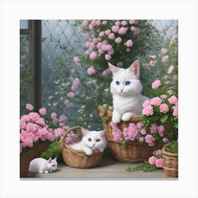 White Cats In Baskets Canvas Print