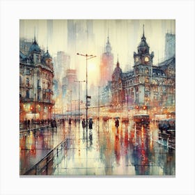 Cityscape in Rain: Nostalgic Watercolor Painting Inspired by Bernard Buffet | Impressionistic Techniques and Atmosphere. Canvas Print