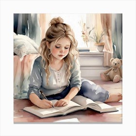 Little Girl Reading A Book Canvas Print