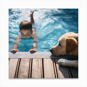 Boy And Dog In The Pool Canvas Print